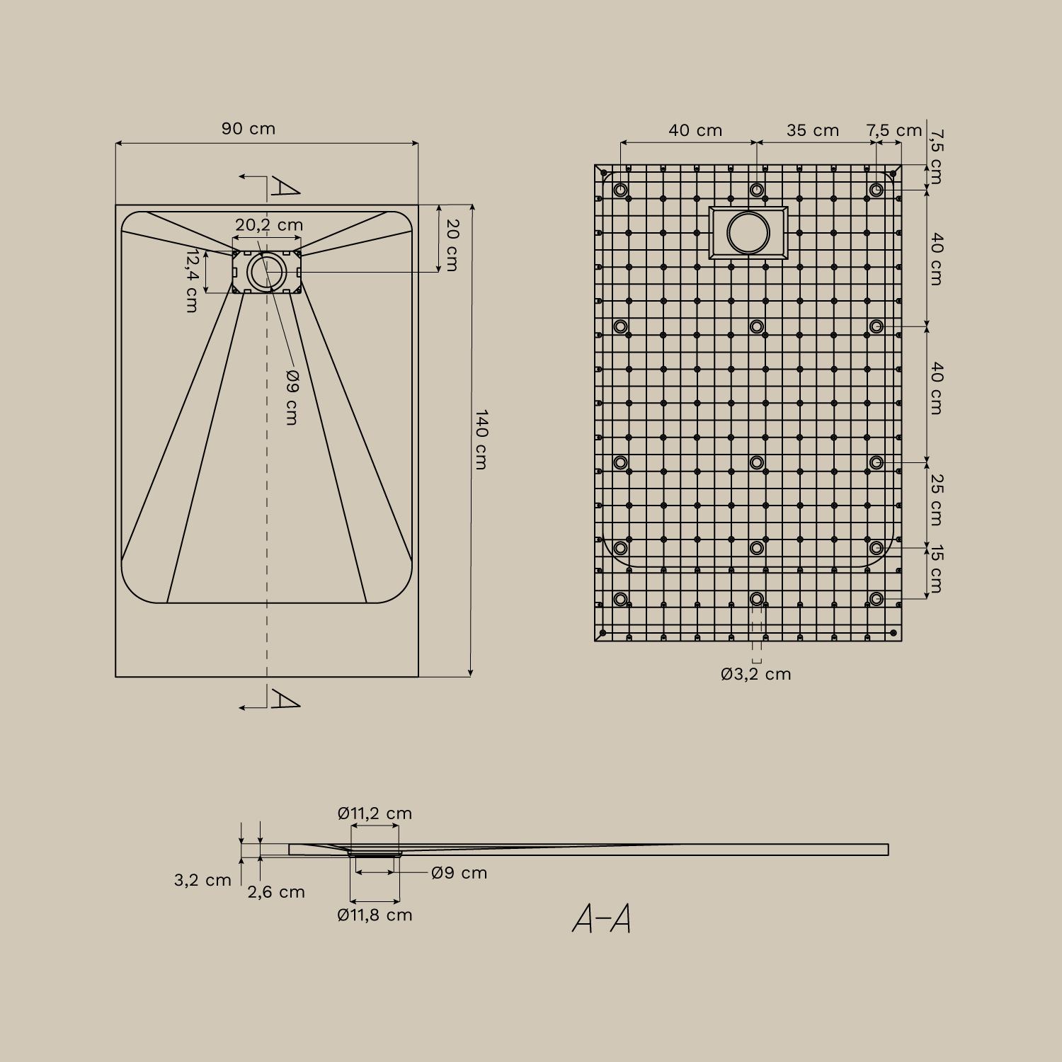 Soho rectangular, non-slip, extra-flat SMC resin shower tray, MEASURES