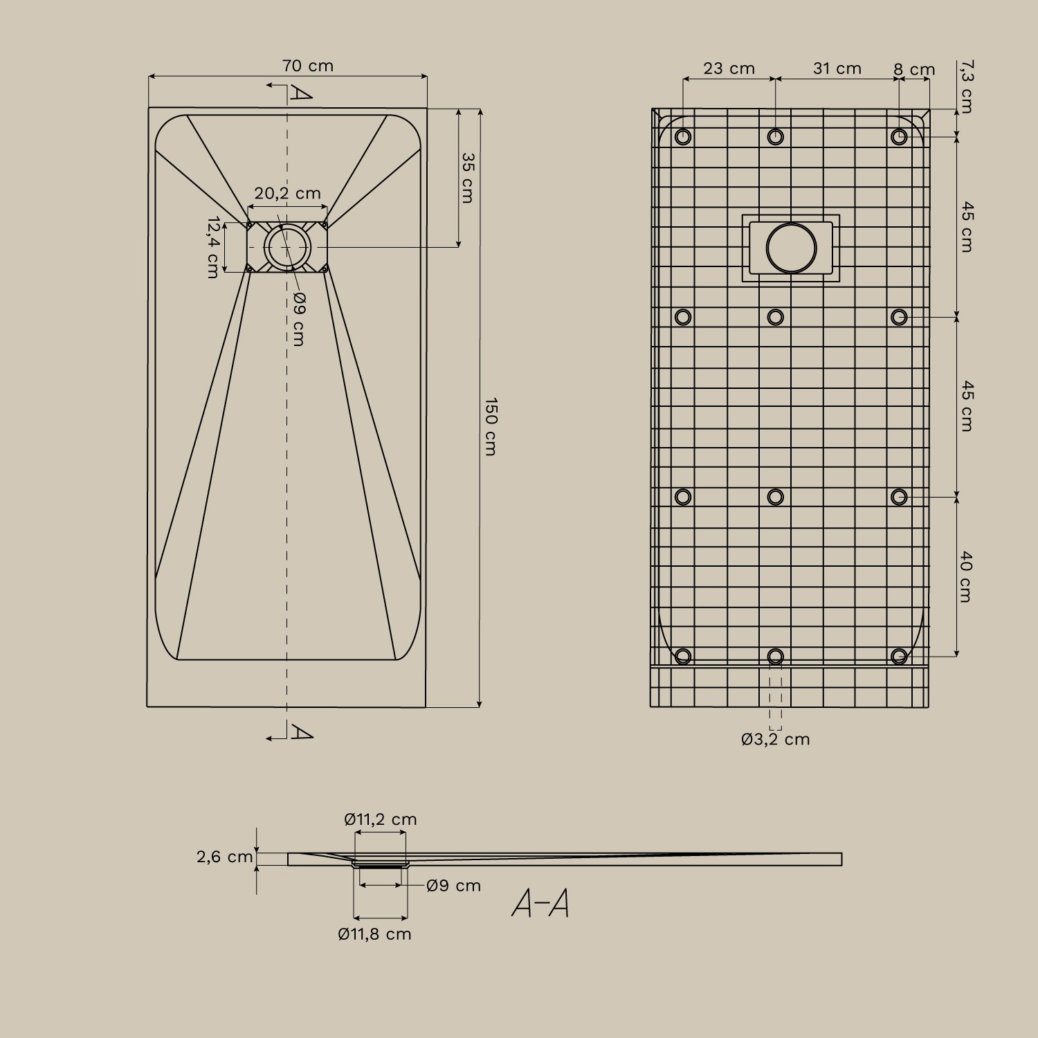 Soho rectangular, non-slip, extra-flat SMC resin shower tray, MEASURES
