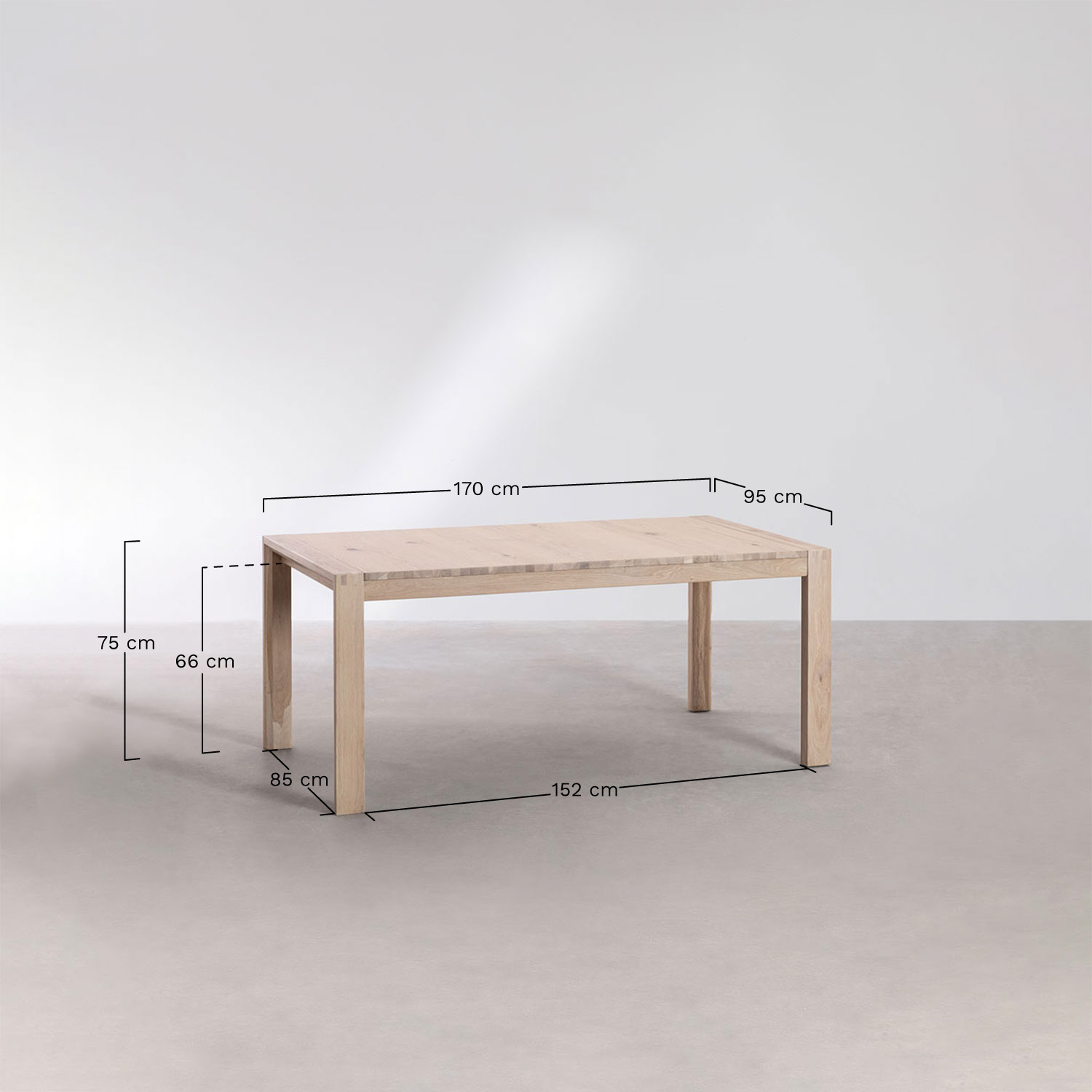 Rectangular dining table 170-250x95 cm extendable in Quëbi wood, MEASURES