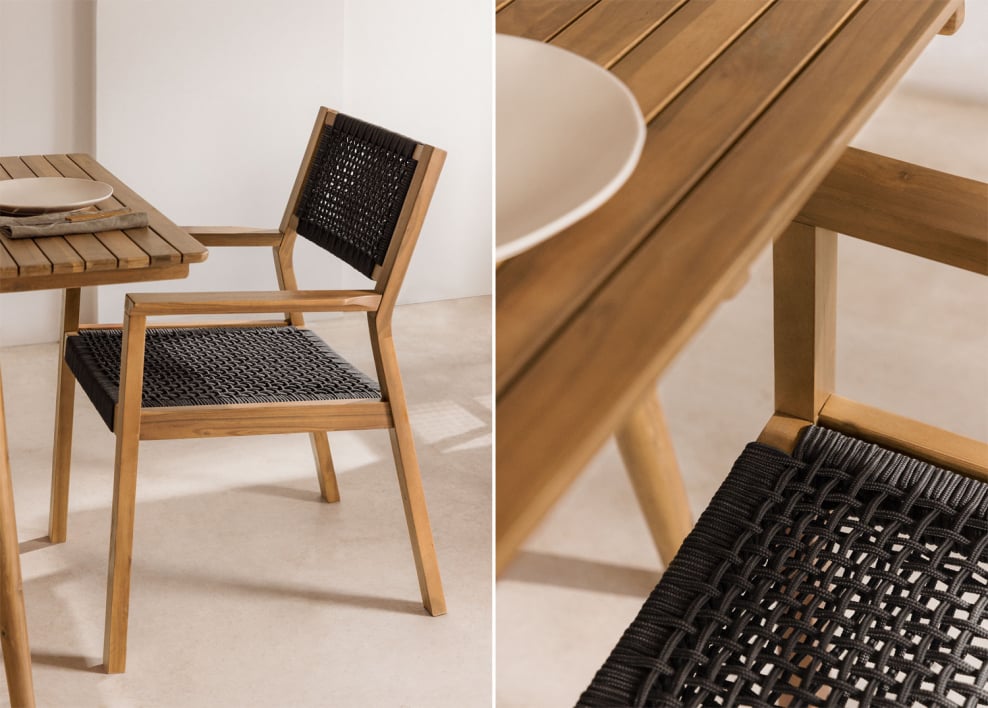 Dining chair with armrests in acacia wood and braided Tenay Square rope - Grey Graphite
