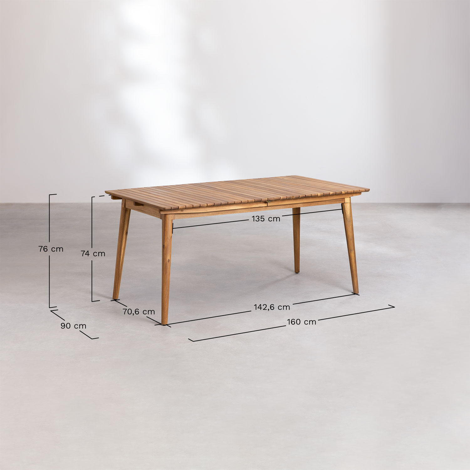 Rectangular dining table 160-210x90 cm extendable in acacia wood Tenay, MEASURES