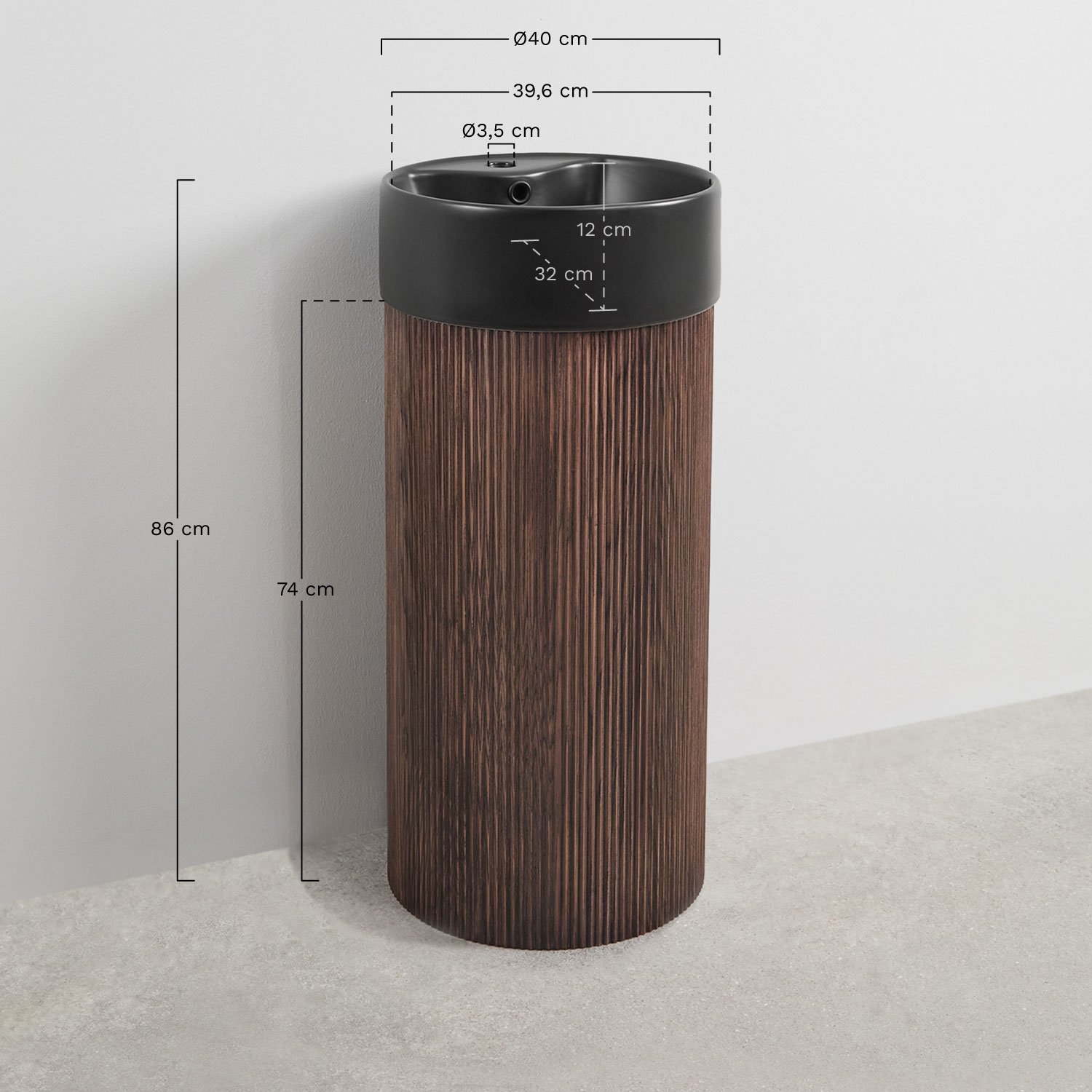 Bathroom furniture set in wood with integrated ceramic washbasin Maude, MEASURES