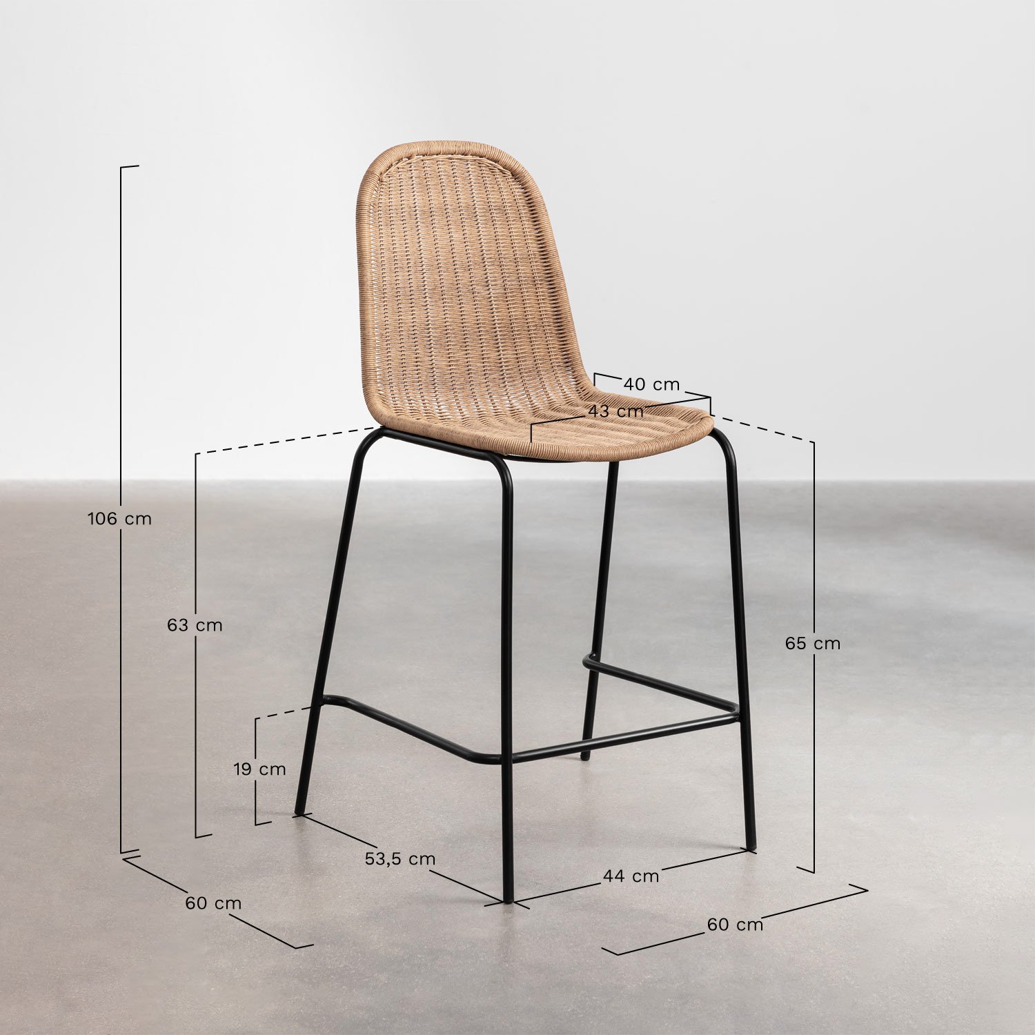 Stackable high stool in synthetic rattan Reiven, MEASURES