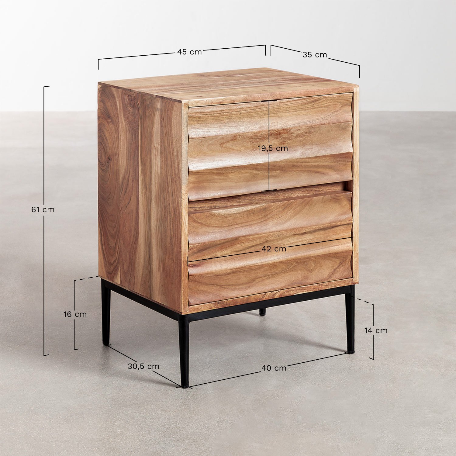 Pack of 2 Petter acacia wood bedside tables, MEASURES