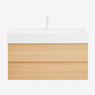 Suspended Bathroom Furniture Set In Wood And Ash Veneer With Integrated Ona Sink Natural Wood & Mirrorless & White ↑20 Cm With Drain - Sklum