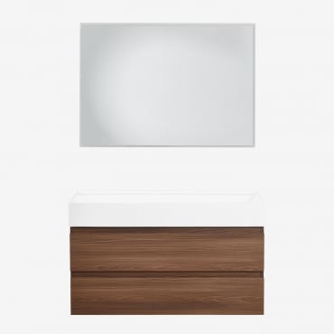 Bathroom Furniture Set In Wood And Ash Veneer With Integrated Ona Washbasin Dark Brown Wood & Rectangular Led And Anti-fog 100x70 Cm Tamsin & Without