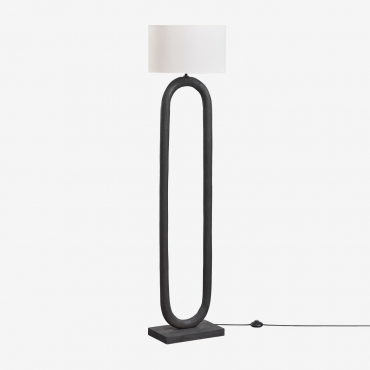Tiberia Mango Wood Floor Lamp Plain Black & Linen Beige Cream Azoia - Sklum