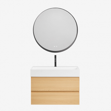 Bathroom Furniture Set In Wood And Ash Veneer With Integrated Ona Washbasin Natural Wood & Round Led And Antifog Black Ø80 Cm Kimacs & - Sklum