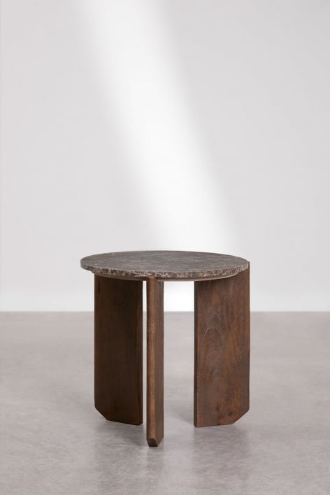 Round bedside table Ø50 cm in natural stone and mango wood Lavinia - Brown Marble Emperador
