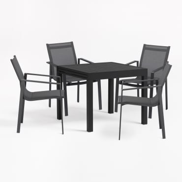 Starmi Rectangular Table Set, 90x180-90 Cm, Extendable In Aluminum And 4 Eika Garden Chairs. Grey Graphite - Sklum