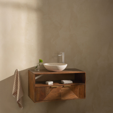 Mango Wood Bathroom Furniture Set Baty Mango Wood & Round Cement White Ø40 Cm Zavion & Mirrorless & White ↑30 Cm With Drain - Sklum