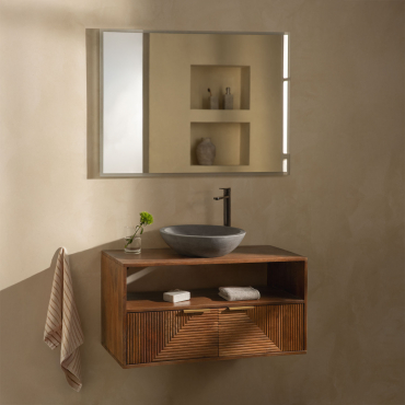 Mango Wood Bathroom Furniture Set Baty Mango Wood & Round Grey Cement Ø40 Cm Tarsis & Rectangular Led And Anti-fog 100x70 Cm Tamsin & - Sklum