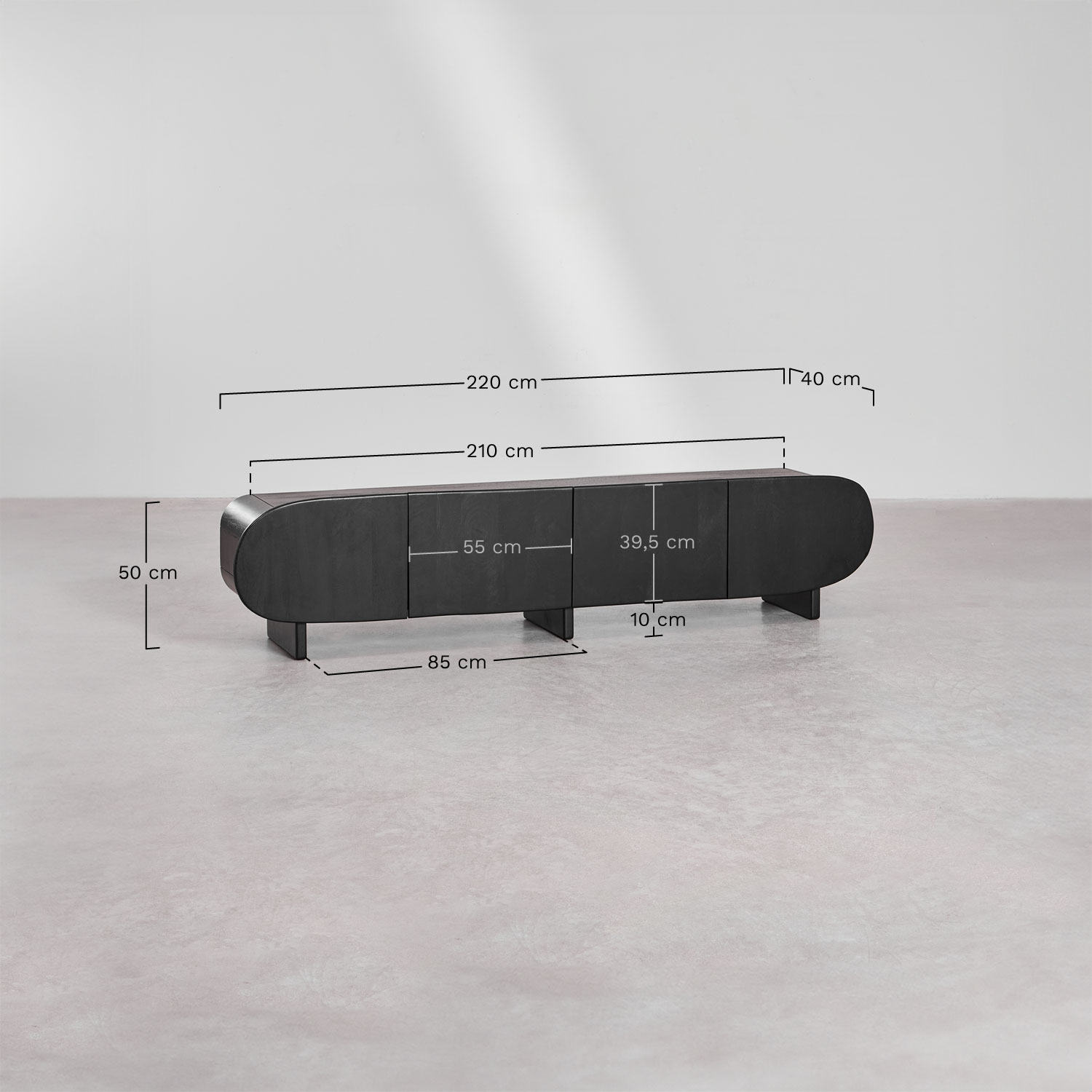 Agathe mango wood TV cabinet 220x40 cm, MEASURES