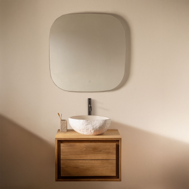 Jabari Teak Wood Bathroom Furniture Set Teak Wood & Irregular In White Cement ↔︎40 Cm Fedro & Square Led And Anti-fogging - Sklum