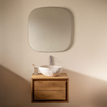 Jabari Teak Wood Bathroom Furniture Set Teak Wood & Irregular In White Cement ↔︎40 Cm Fedro & Square Led And Anti-fogging 75x75 - Sklum
