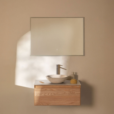 Tedrik Ash Wood Bathroom Furniture Set Brown Ash & Round Cement White Ø40 Cm Zavion & Rectangular Led And Anti-fog 100x70 Cm Riben & - Sklum