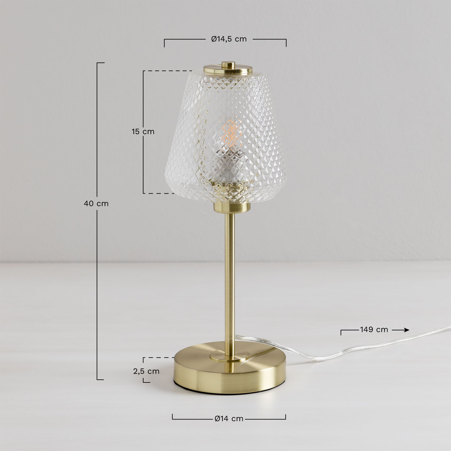 Taylor iron and glass table lamp, MEASURES