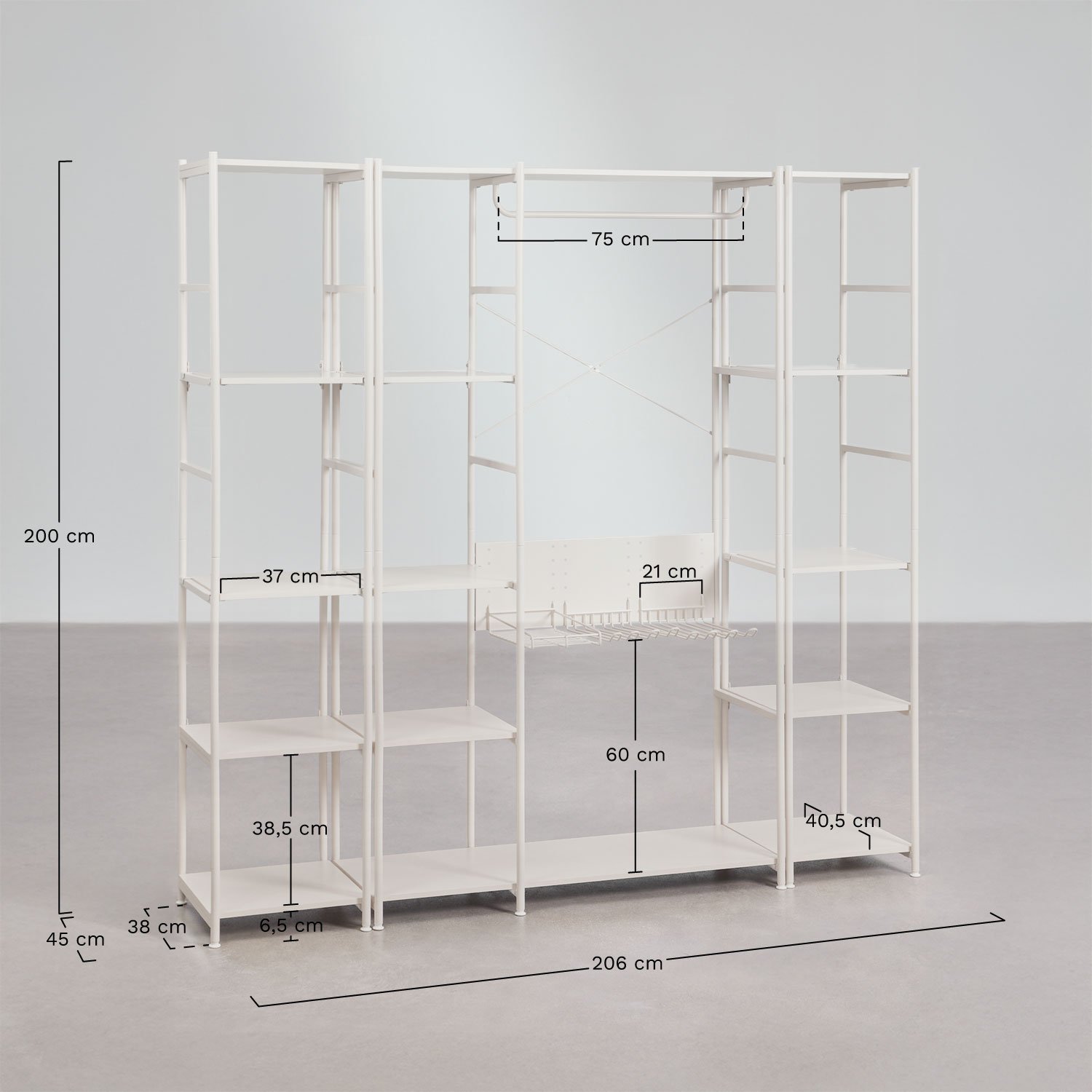 Elviah 3-piece open modular wardrobe with 2 iron shelves, MEASURES