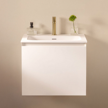 Macrae Suspended Wooden Bathroom Furniture Set With Integrated Sink White & Mirrorless & Golden ↑20 Cm With Overflow Drain Valve - Sklum