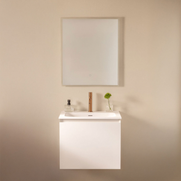 Macrae Suspended Wooden Bathroom Furniture Set With Integrated Sink White & Rectangular Led And Anti Fog 60x70 Cm Riben & Brushed Rose Gold - Sklum