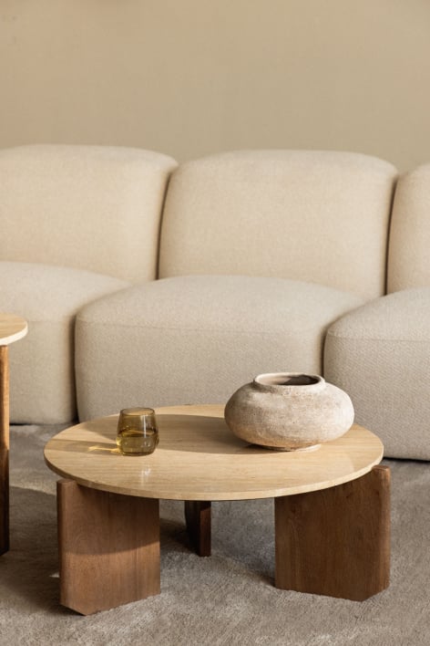 Lavinia round coffee table in natural stone and mango wood - Travertine