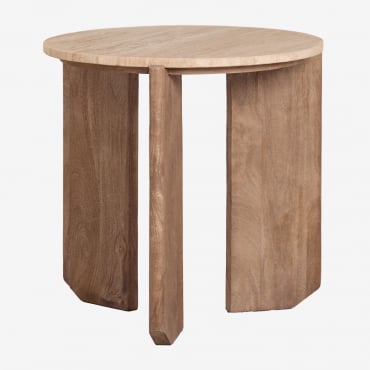 Lavinia Round Side Table Ø50 Cm In Natural Stone And Mango Wood Travertine & Natural Wood & Ø50 Cm - Sklum