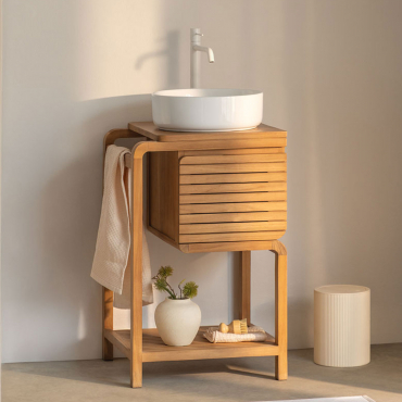 Bradley Teak Wood Bathroom Furniture Set Round Ceramic White Ø40 Cm Lenka & Mirrorless & White ↑30 Cm With Drain Valve Without - Sklum