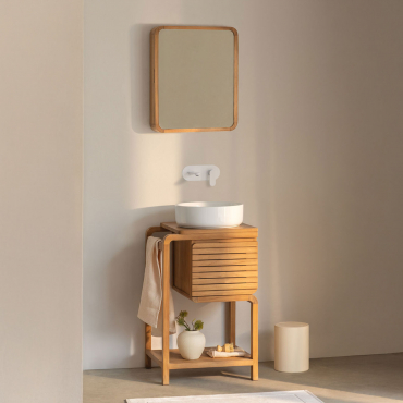 Bradley Teak Wood Bathroom Furniture Set Round Ceramic White Ø40 Cm Lenka & Rectangular Rounded Corner With Storage 45x60 Cm Ian & White - Sklum