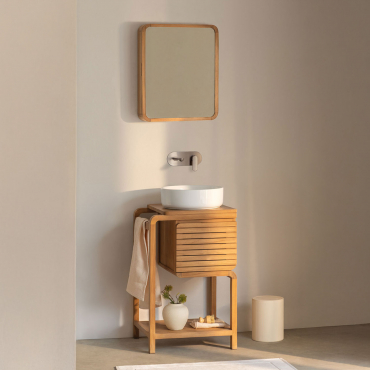 Bradley Teak Wood Bathroom Furniture Set Round Ceramic White Ø40 Cm Lenka & Rectangular With Wood Storage 45x60 Cm Ian & Brushed Grey Built-in - Sklum