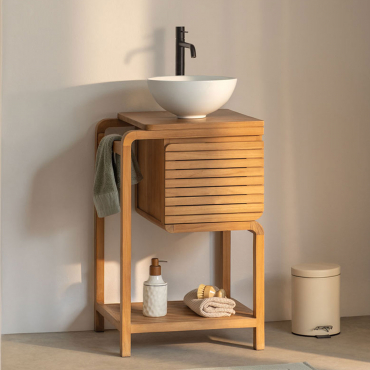 Bradley Teak Wood Bathroom Furniture Set Round White Ceramic Ø30 Cm Calgari & Mirrorless & Matt Black ↑30 Cm With Orveta Drain Valve - Sklum