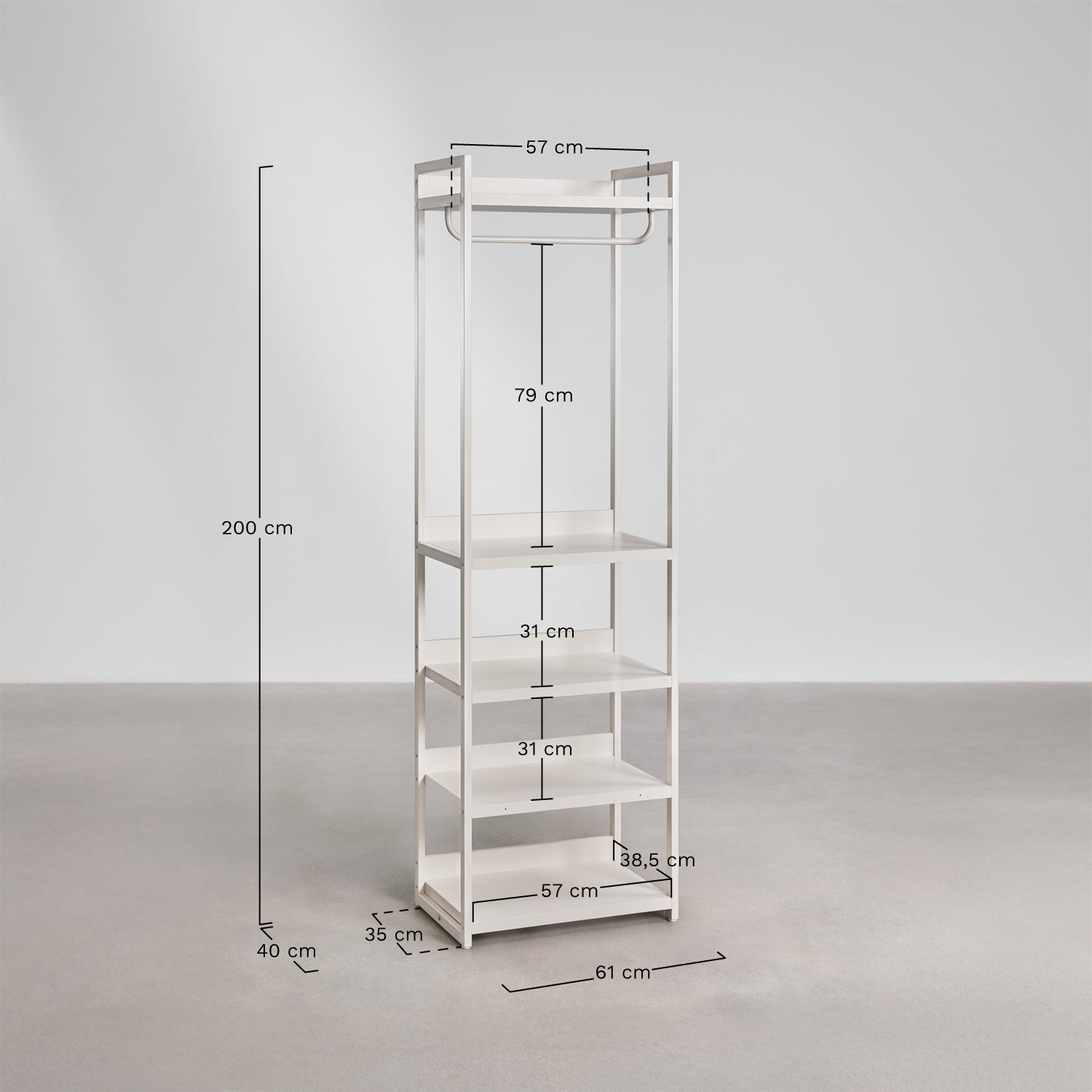 Open wardrobe with iron shelves Velunis, MEASURES