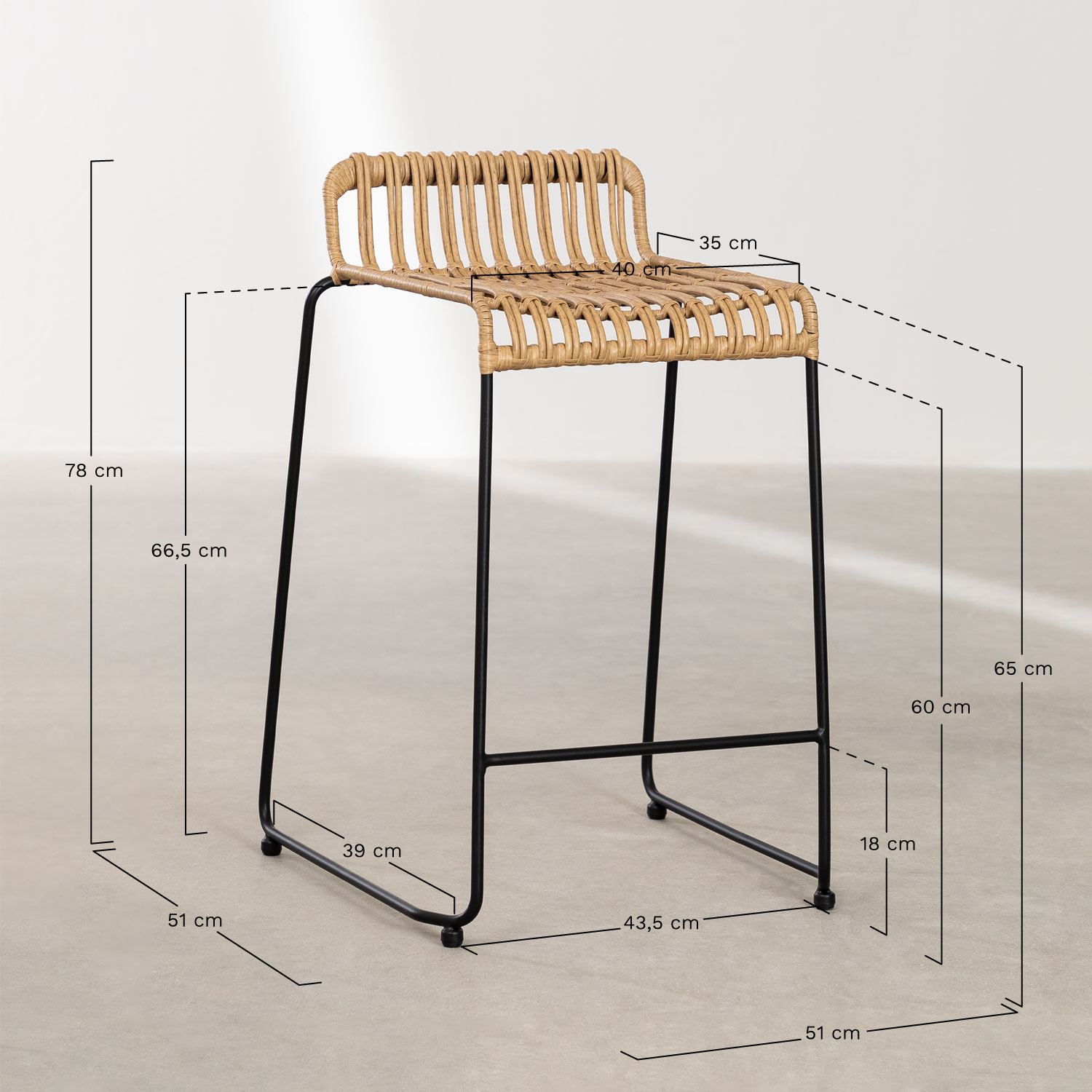 Pack of 4 Aroa synthetic rattan high garden stools, MEASURES