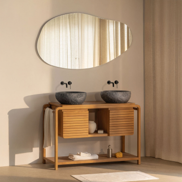 Bradley Teak Wood Bathroom Furniture Set 2 X Irregular In Black Cement ↔︎40 Cm Fedro & Irregular Led And Anti-fog 140x75 Cm Riben - Sklum