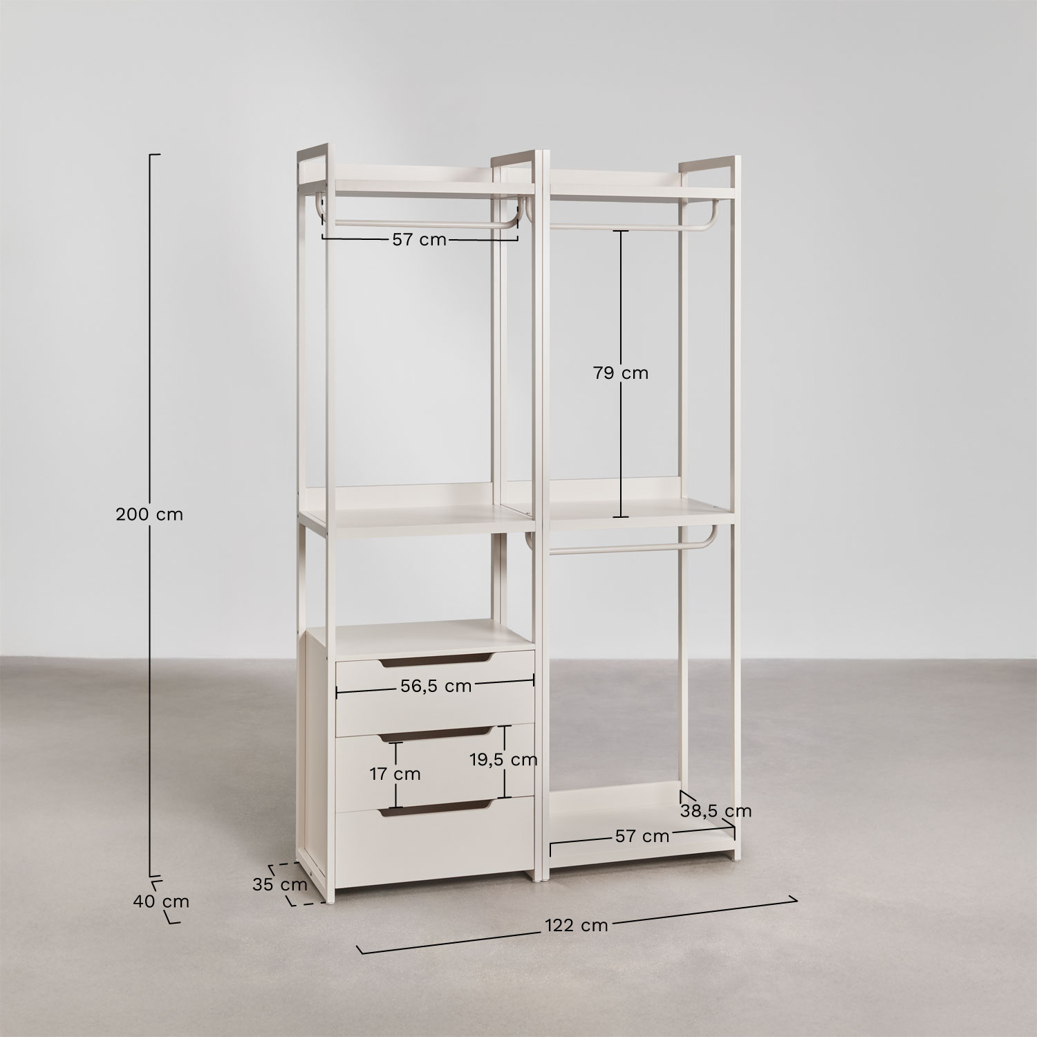 Velunis 2-piece open modular wardrobe with iron drawers, MEASURES