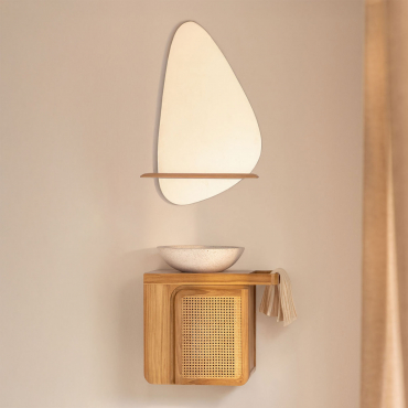 Georgy Teak Wall-hung Bathroom Furniture Set Teak Wood & Round Cement White Ø40 Cm Zavion & Irregular With Wooden Shelf 55x85 Cm Kai & Without Tap -