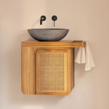 Georgy Suspended Teak Wood Bathroom Furniture Set Teak Wood & Round Grey Cement Ø40 Cm Tarsis & Mirrorless & Matt Black Built-in Basin With - Sklum