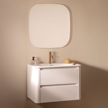 Egerton Suspended Wooden Bathroom Furniture Set With Integrated Sink White & Square Led And Anti-fogging 75x75 Cm Riben & Brushed Rose Gold - Sklum