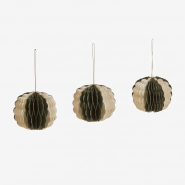Pack Of 3 Briluma Paper Christmas Ornaments Green Pesto - Beige Linen With Gold Trim - Sklum