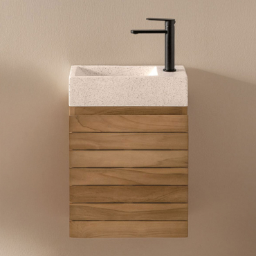 Bathroom Furniture Set In Teak Wood With Integrated Napier Cement Washbasin Teak Wood & Mirrorless & Black ↑20 Cm With Drain Valve - Sklum