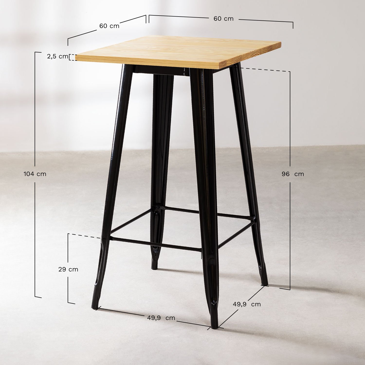 Square high table 60x60 cm in Lix steel, MEASURES