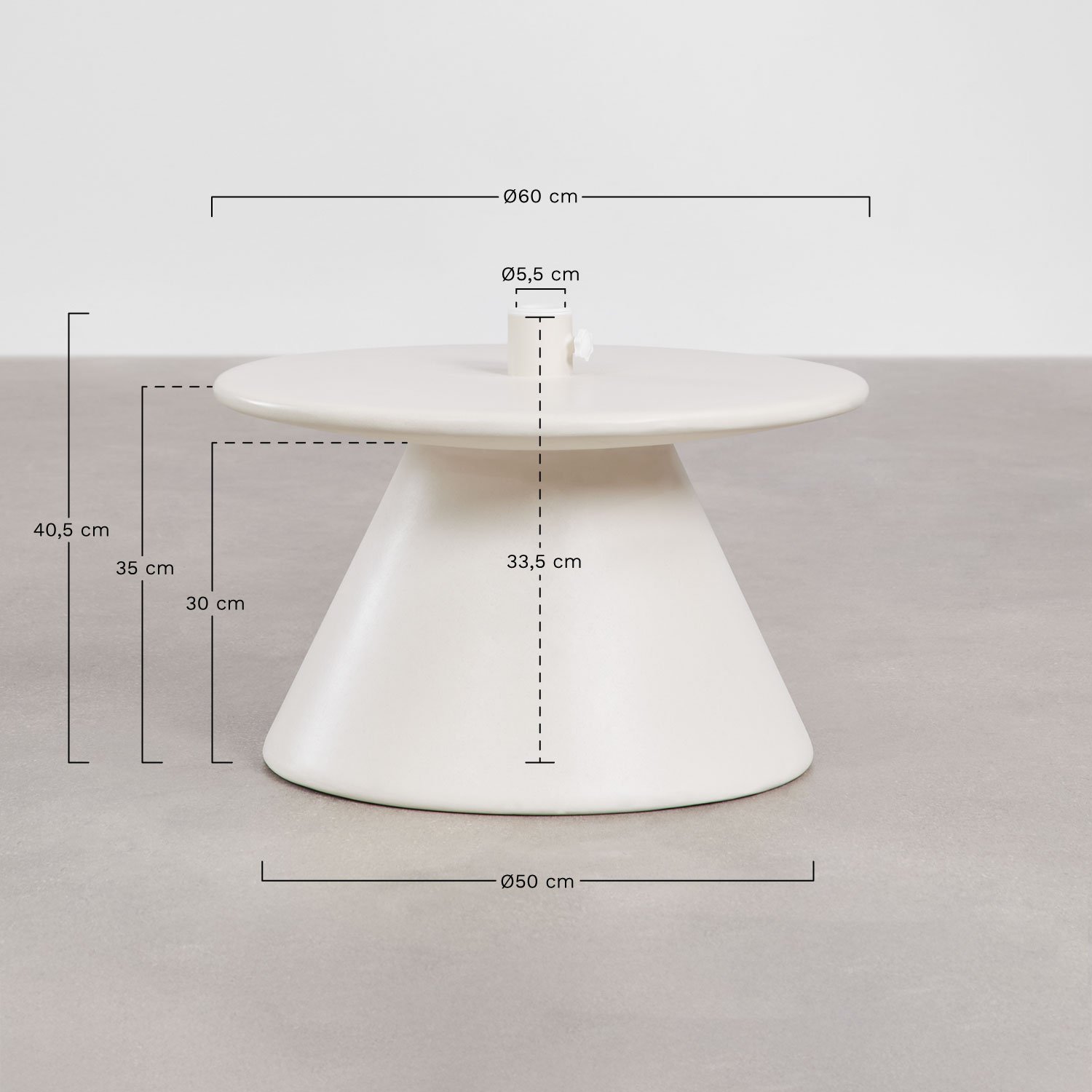 Umbrella base with integrated round table Ø60 cm in Darwys cement, MEASURES