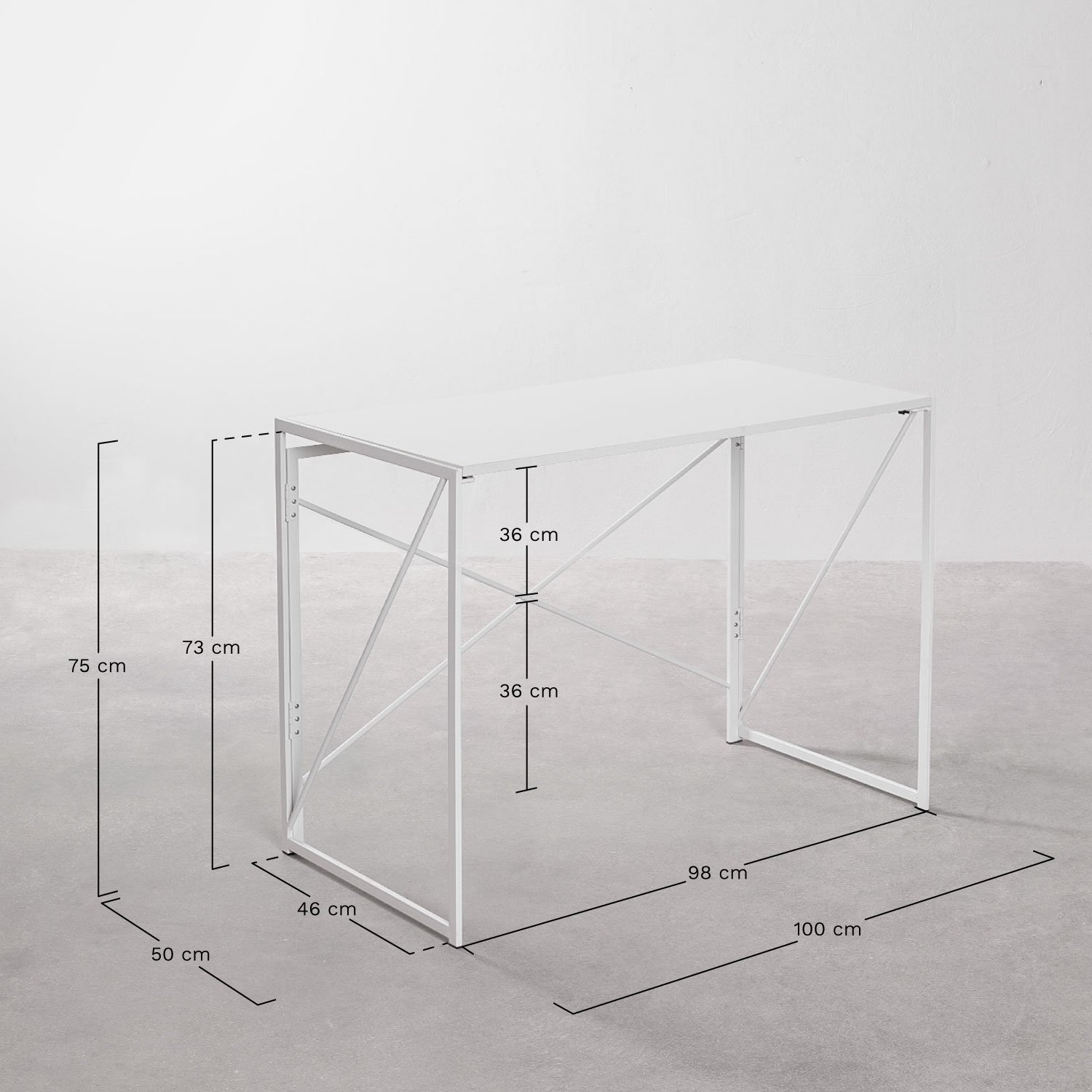 Rectangular 100x50 cm folding desk in MDF and metal Andra, MEASURES