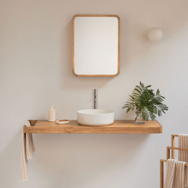 Suspended Bathroom Furniture Set 130x45 Cm In Teak Wood Neill Teak Wood & Round Ceramic White Ø40 Cm Lenka & Rectangular With Wood Storage 45x60 -