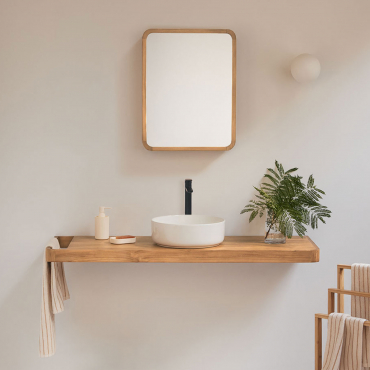 Neill Suspended Teak Wood Bathroom Furniture Set Teak Wood & Round Ceramic White Ø40 Cm Lenka & Rectangular With Wood Storage 45x60 Cm - Sklum