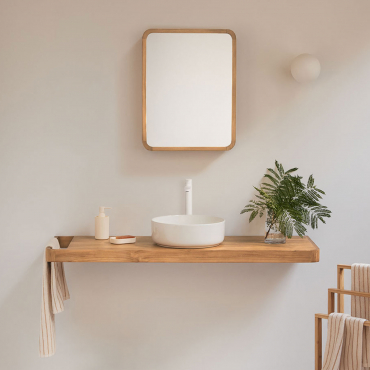 Suspended Bathroom Furniture Set 130x45 Cm In Teak Wood Neill Teak Wood & Round Ceramic White Ø40 Cm Lenka & Rectangular Rounded Corner With - Sklum