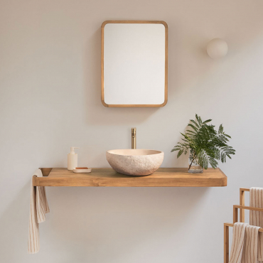 Suspended Bathroom Furniture Set 130x45 Cm In Teak Wood Neill Teak Wood & Irregular In Beige Cement ↔︎40 Cm Fedro & - Sklum