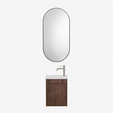 Suspended Wooden Bathroom Furniture Set With Integrated Sink Narek Dark Brown Wood & Oval Led And Antifog Black 50x100 Cm Asteiro & Brushed - Sklum