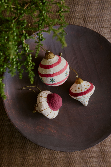 Set of 3 handmade Christmas decorations in papier-mâché Bemot