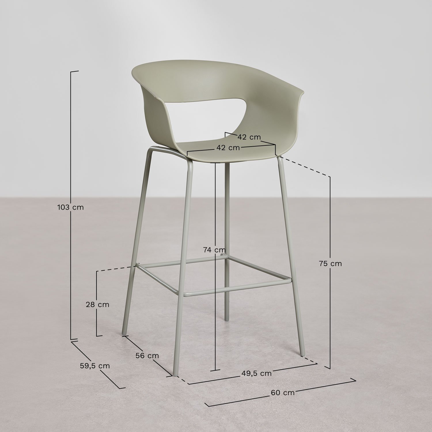 Alanys high stool in polypropylene and iron, MEASURES