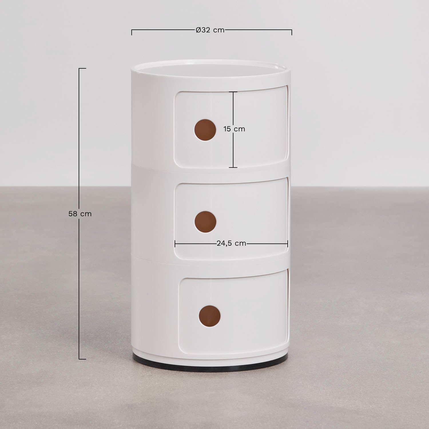 Babel round side table with shelves, MEASURES